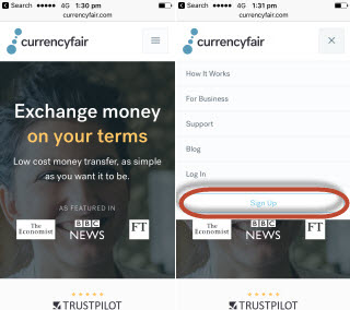 Creating CurrencyFair Account from mobile