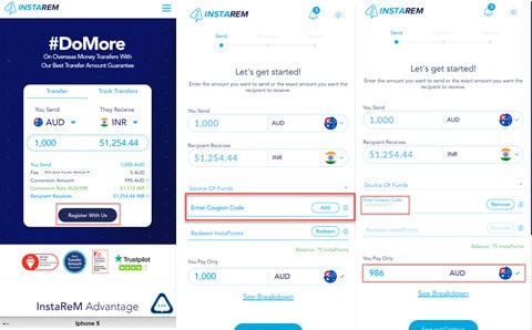InstaReM mobile dashboard showing free transfers