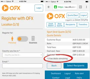 OFX iOS dashboard showing free transfer